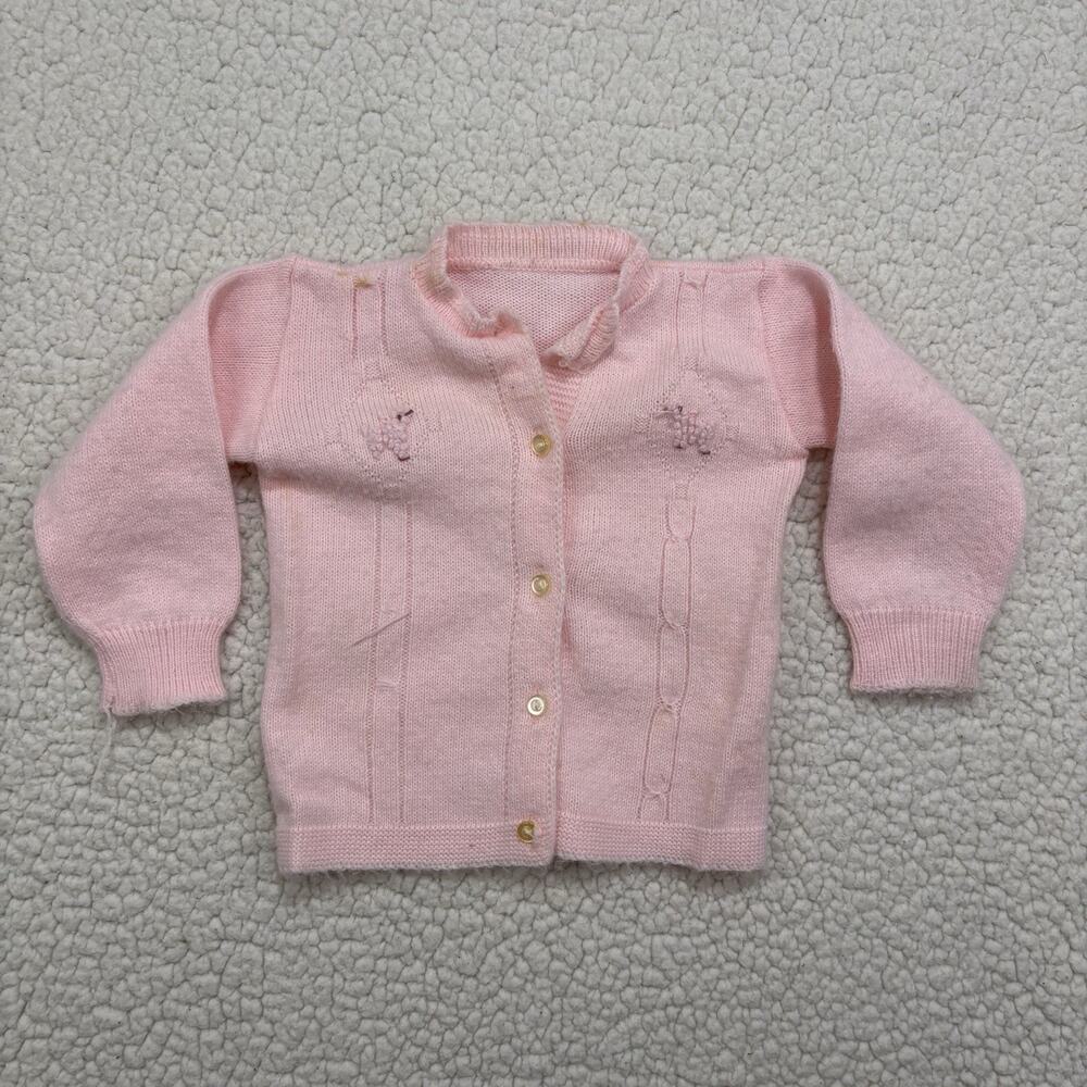 Vintage Hand Knit Pink Baby Girls Toddler Cardigan Sweater Cable Poodle‎ Dog